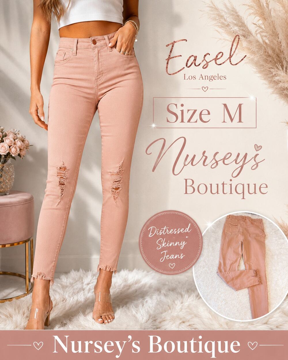 Easel Los Angeles Blush Distressed Button Fly Skinny Jeans M